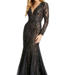 MAC DUGGAL LONG SLEEVE LACE BEADED MERMAID BLACK/NUDE GOWN sz 4